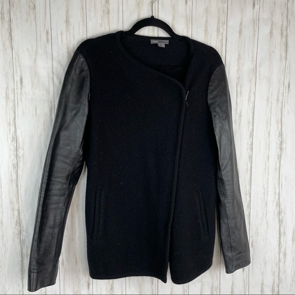 Vince leather wool black asymmetrical zip jacket - Picture 1 of 7